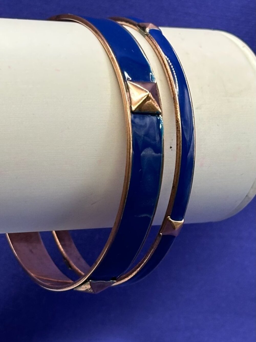 Blue Enamel on Copper Studded Bangle Bracelet Duo